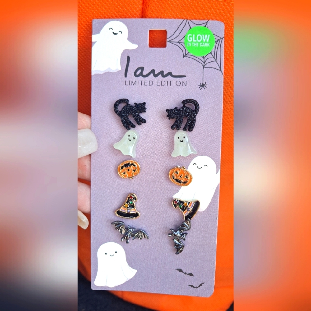 I Am Halloween Earrings Pierced Black Cats Pumpkins Bats Ghosts GLOW IN THE DARK